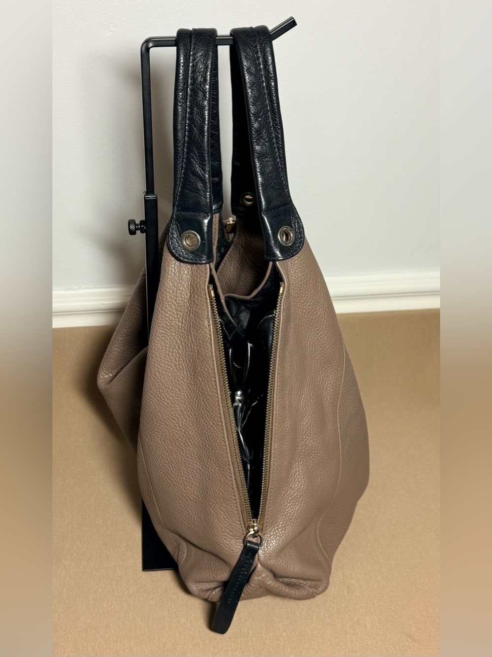 Furla Taupe Grey Pebbled Leather Hobo Shoulder Bag | Side Zip Expansion Panels - Picture 8 of 14